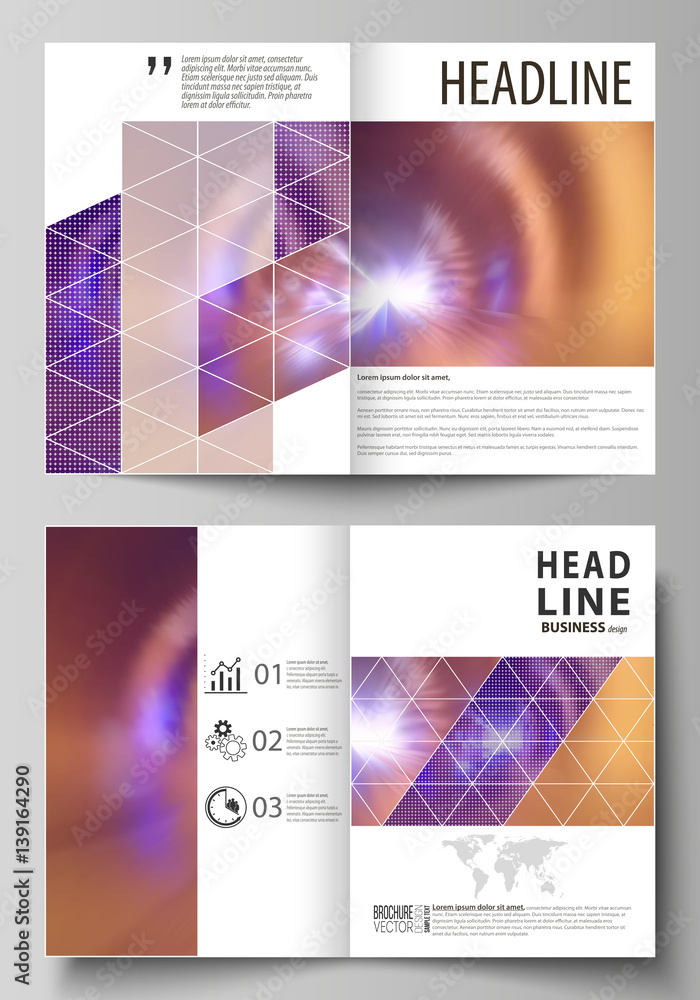 Business templates for bi fold brochure, magazine, flyer, booklet or annual report. Cover template, abstract vector layout in A4 size. Bright color colorful design, beautiful futuristic background.