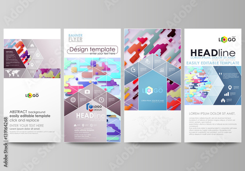 Flyers set, modern banners. Business templates. Cover design template, abstract vector layouts. Bright color lines and dots, colorful minimalist backdrop with geometric shapes, minimalistic background