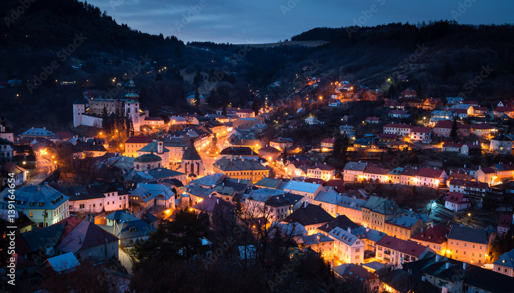 Historical medieval mining town Banska Stiavnica at night, Slovakia, Unesco site