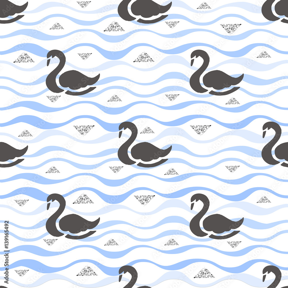 seamless white swan with glitter pattern  on blue wave background