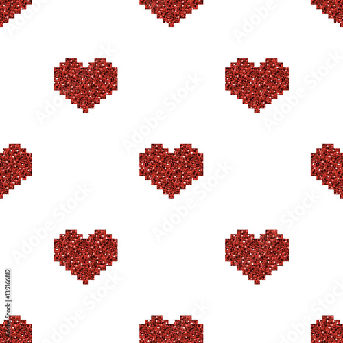 eamless red pixel heart glitter pattern on white background