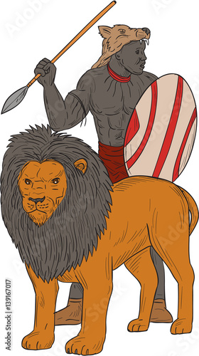 African Warrior Spear Hunting With Lion Drawing