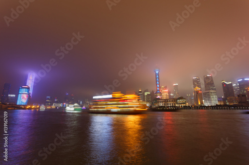 Twilight shot with the Shanghai skyline and the Huangpu river, China