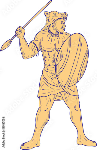 African Warrior Wolf Mask Spear Drawing