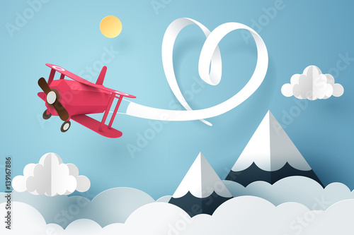 Paper art of ribbon hang with a pink plane flying in the sky, origami and valentines day concept