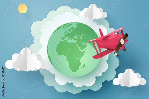 Paper art of red plane flying out from the earth, start up business and travel concept