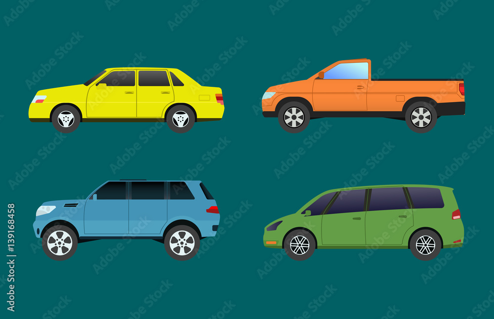 Naklejka premium Car vehicle transport type design travel race model sign technology style and generic automobile contemporary kid toy flat vector illustration isolated icon.