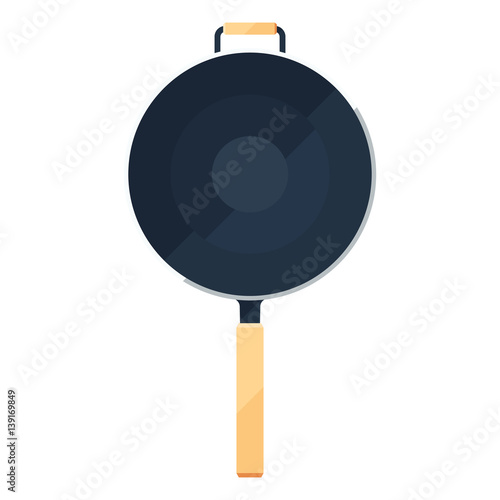 Wok frying pan sign or flat icon of traditional bowl with handles laying for top view