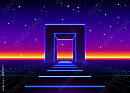 Neon 80s styled massive gate in retro game landscape with shiny road to the future