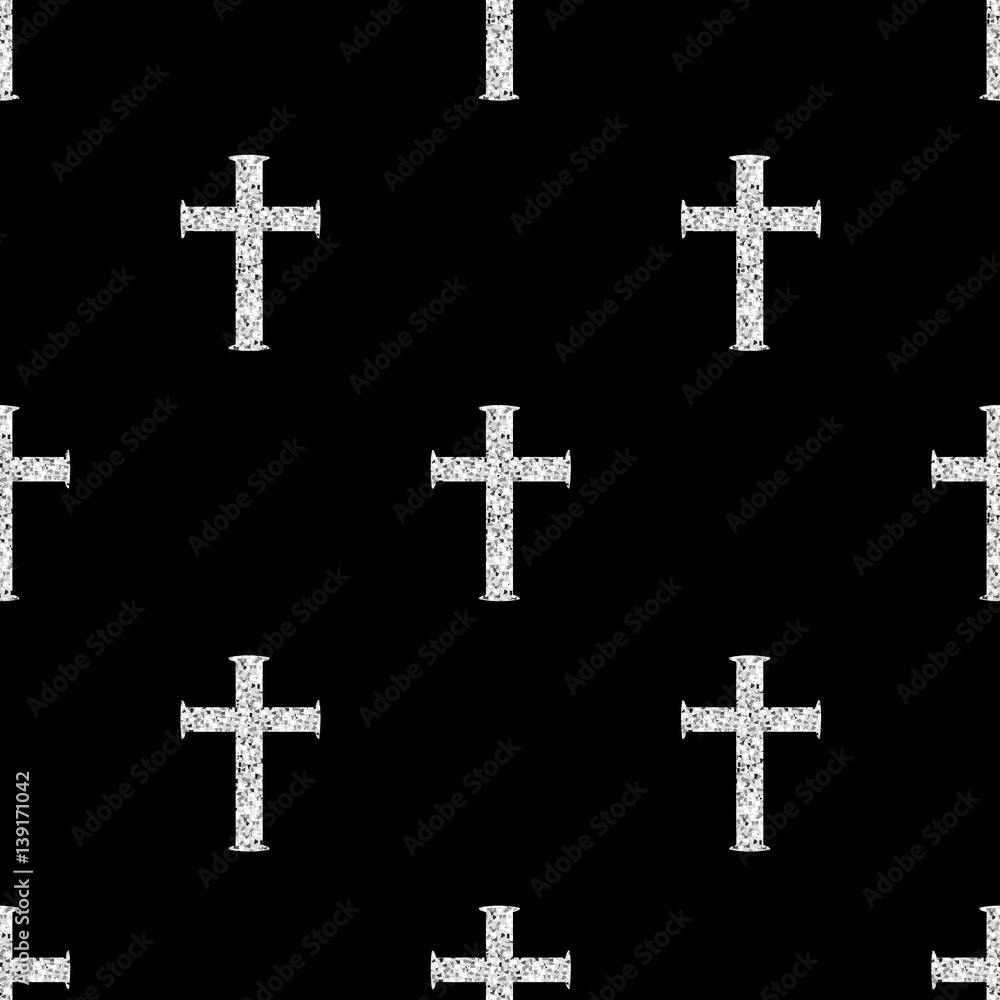 seamless silver glitter christian cross pattern on black background