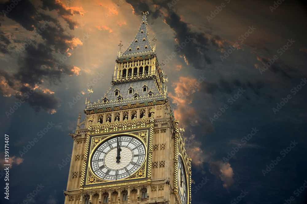Westminster in London in a cloudy sky. Big Ben of UK, London, horizontal orientation, England, UK.