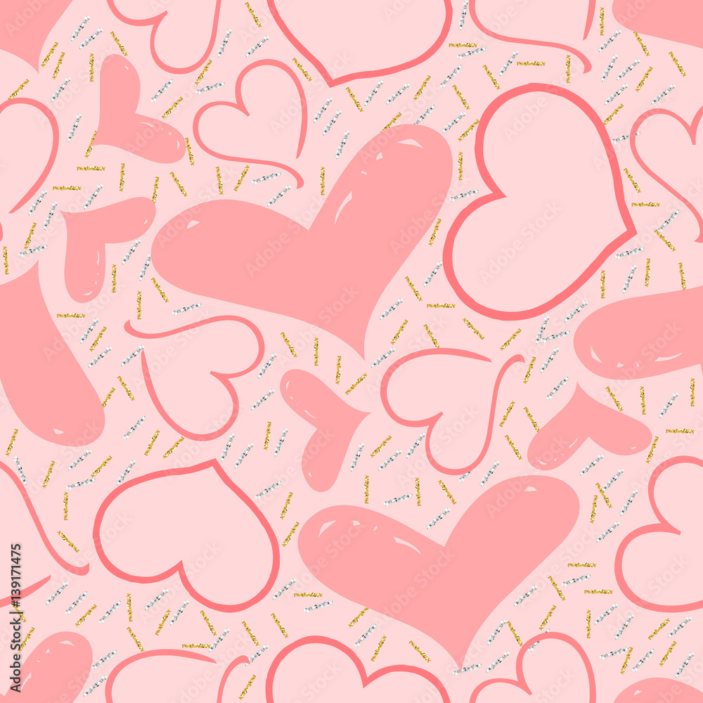 seamless pink heart with gold and silver glitter pattern on pink  background