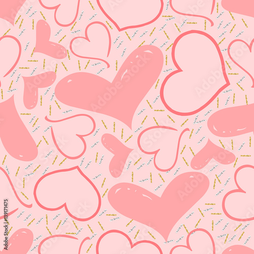 seamless pink heart with gold and silver glitter pattern on pink  background
