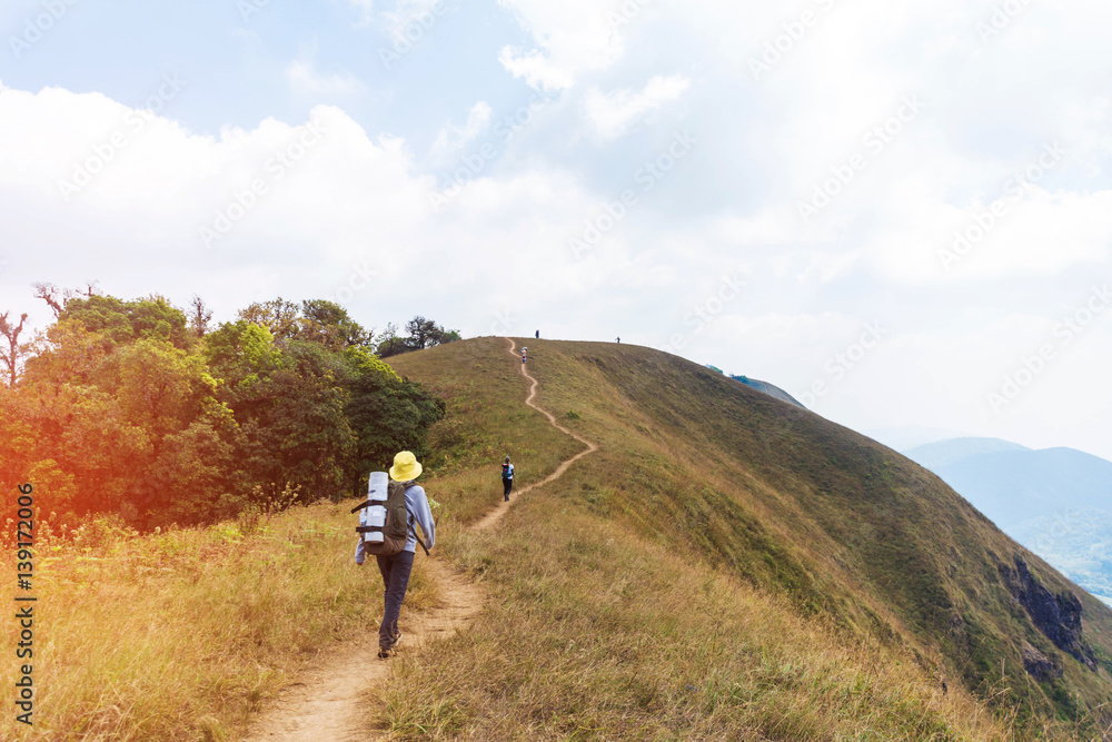 woman hiking on mountain at sunny day. soft focus