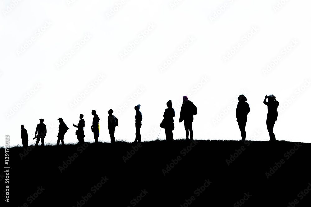silhouette group of hiking on mountain with white background, subject is blurred silhouette group of hiking on mountain with white background, subject is blurred