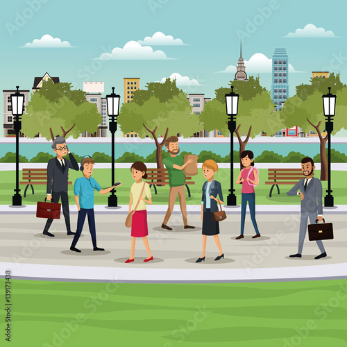 people walking park city background vector illustration eps 10