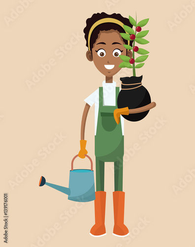 african woman farmer plant and water can vector illustration eps 10