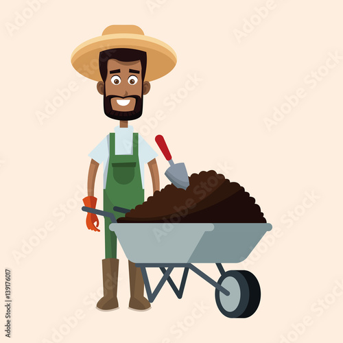 african farmer man straw hat wheelbarrow earth vector illustration