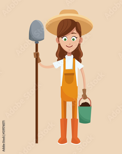 farmer girl straw hat shovel and bucket earth vector illustration