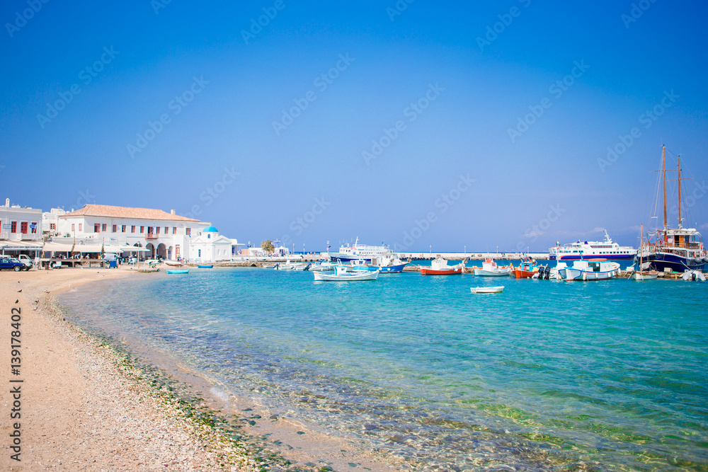 View of the Mykonos town harbor in Mykonos, Cyclades, Greece