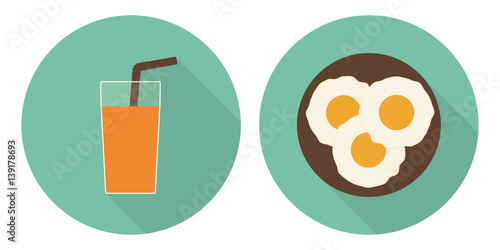 Flat vector glass of orange juice and fried eggs