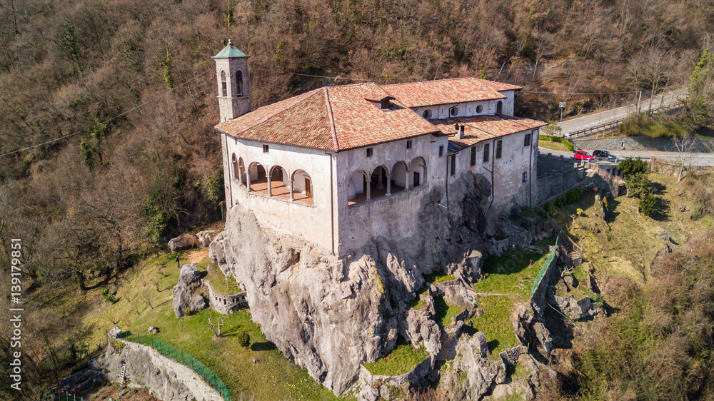 Aerial view of the Sanctuary of St. Patrick from the drone, Colzate, Bergamo, Italy Aerial view of the Sanctuary of St. Patrick from the drone, Colzate, Bergamo, Italy