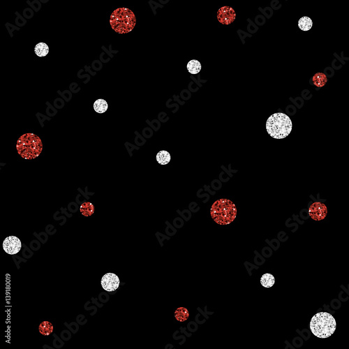 SEAMLESS SILVER AND RED DOT GLITTER PATTERN ON BLACK BACKGROUND