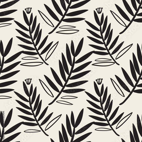 seamless monochrome hand drawn leaf pattern background