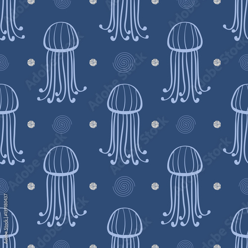 seamless abstract hand drawn blue jelly fish with bubble silver glitter dot pattern background