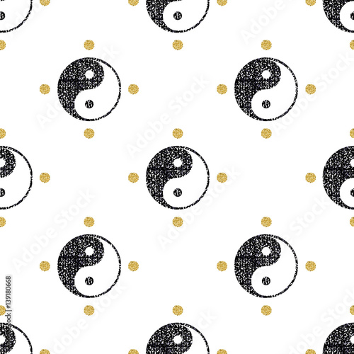 seamless black glitter yin yang with gold dot glitter pattern background