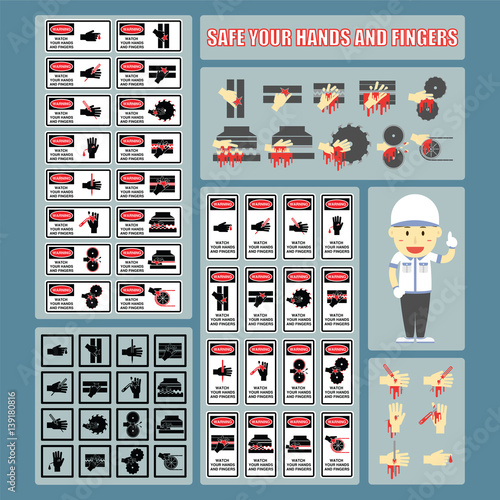 Safe Your Hands and Fingers - Set of Signs and Symbols of Hands and Fingers Warning Signs