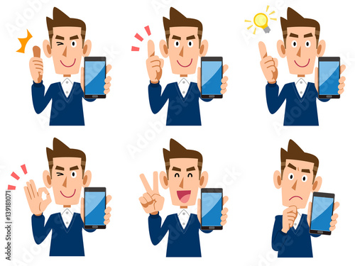 男性　スマートフォン　表情としぐさのセット