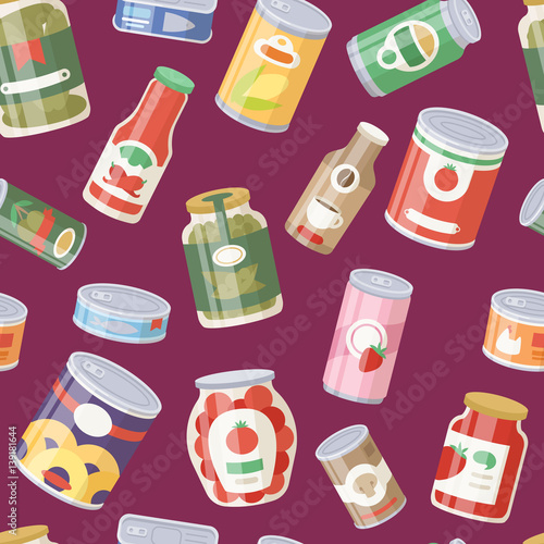 Collection of various tins canned goods food metal container seamless pattern background