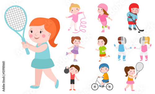 Young kids sportsmens future roller skates gymnastics isolated on white and children young winners after sport school team players vector illustration.