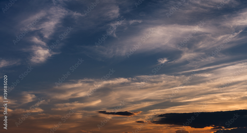 Beautiful sunset sky with dark-red clouds. Hi-res panorama.