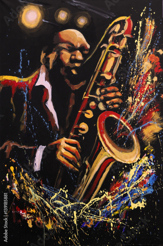 Saxophonist on black background with sprays and splashes, Fantasy original art, acrylic on canvas