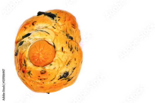 sausage and spinach bread, hot dog bun isolated