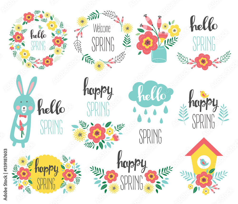 Spring set. Vector elements with flowers wreath, frame, rabbit, spring quote for greeting card, invitation, poster
