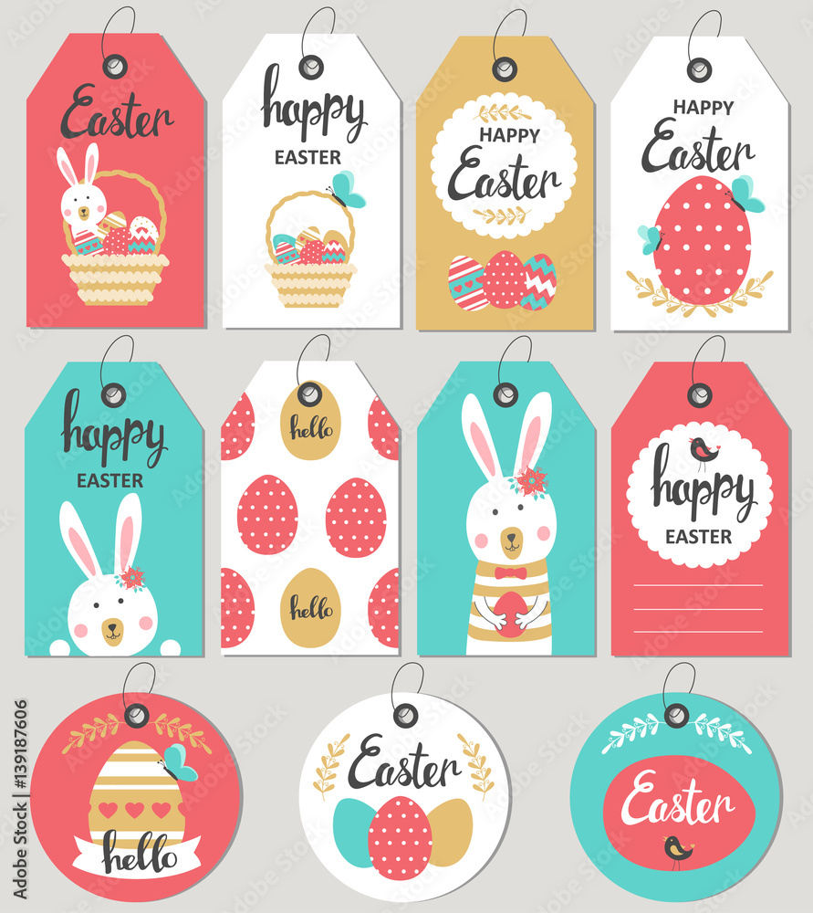 Set with Happy Easter gift tags and cards with Easter bunny. Vector illustration.