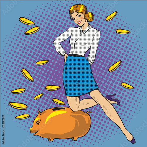 Vector illustration of woman and piggy bank, pop art style