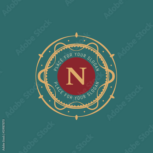 The letter N. Flourishes calligraphic monogram emblem template. Luxury elegant frame ornament line logo design vector illustration. Example designs for Cafe, Hotel, Heraldic, Restaurant, Boutique
