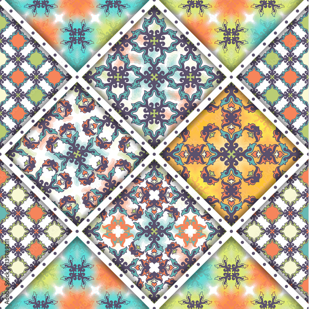 Vector abstract seamless patchwork pattern. Arabic tile texture with geometric and floral ornaments, stylized flowers, dots and lace. Vintage vector card. Vector abstract seamless patchwork pattern. Arabic tile texture with geometric and floral ornaments, stylized flowers, dots and lace. Vintage vector card.