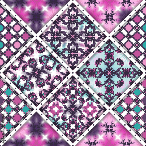 Vector abstract seamless patchwork pattern. Arabic tile texture with geometric and floral ornaments, stylized flowers, dots and lace. Vintage vector card.