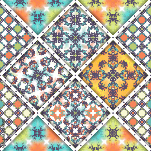 Vector abstract seamless patchwork pattern. Arabic tile texture with geometric and floral ornaments, stylized flowers, dots and lace. Vintage vector card.