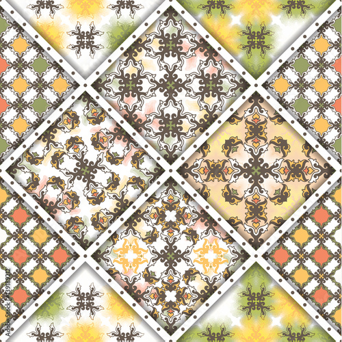 Vector abstract seamless patchwork pattern. Arabic tile texture with geometric and floral ornaments, stylized flowers, dots and lace. Vintage vector card.