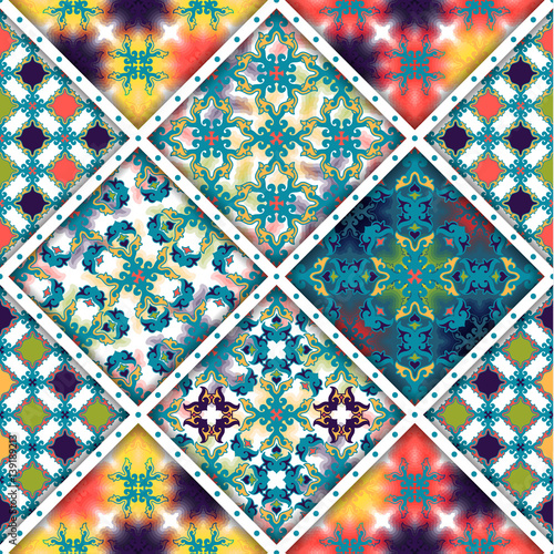 Vector abstract seamless patchwork pattern. Arabic tile texture with geometric and floral ornaments, stylized flowers, dots and lace. Vintage vector card.