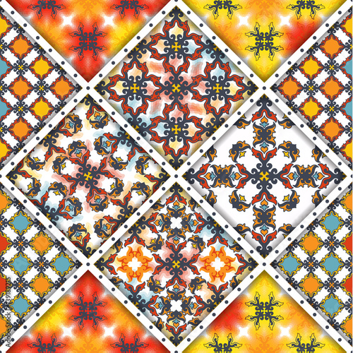 Vector abstract seamless patchwork pattern. Arabic tile texture with geometric and floral ornaments, stylized flowers, dots and lace. Vintage vector card.