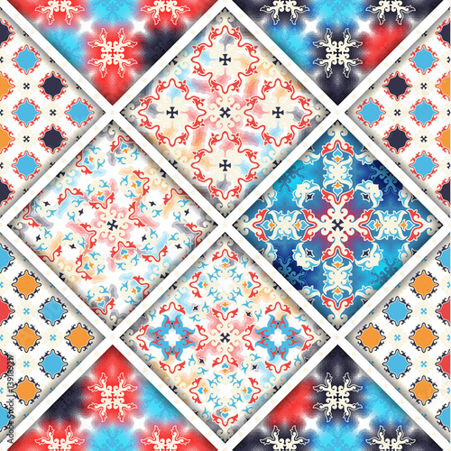 Vector abstract seamless patchwork pattern. Arabic tile texture with geometric and floral ornaments, stylized flowers, dots and lace. Vintage vector card.