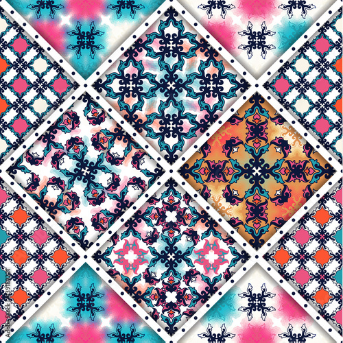 Vector abstract seamless patchwork pattern. Arabic tile texture with geometric and floral ornaments, stylized flowers, dots and lace. Vintage vector card.