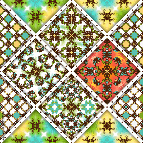 Vector abstract seamless patchwork pattern. Arabic tile texture with geometric and floral ornaments, stylized flowers, dots and lace. Vintage vector card.